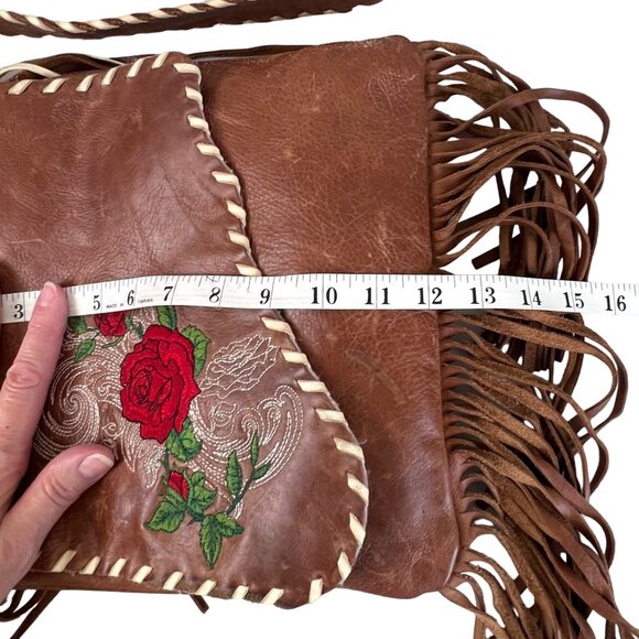 Handcrafted Brown Leather Crossbody Bag Red Rose Embroidery & Fringe Accents GUC - Picture 10 of 12